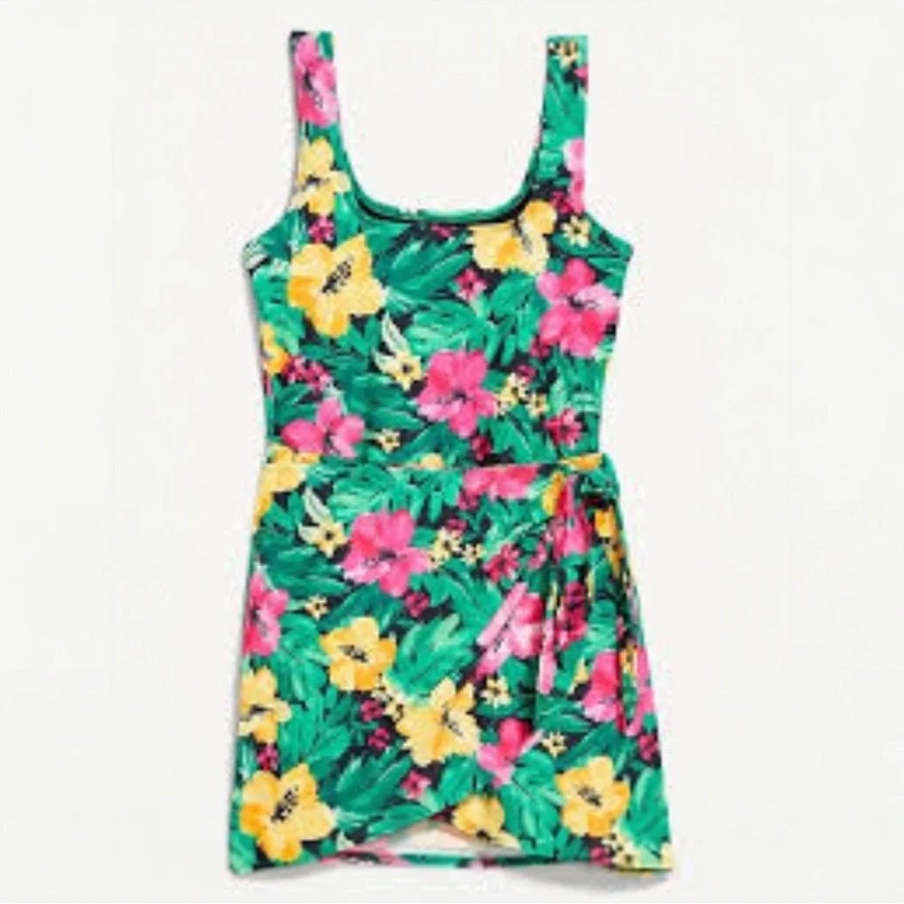 Old Navy Tropical Floral One-Piece Swim Dress in Green, Pink & Yellow